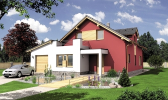 Modern family house with a garage and a residential terrace upstairs.